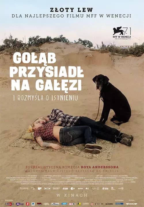 Plakat filmu: Gołąb przysiadł na gałęzi i rozmyśla o istnieniu